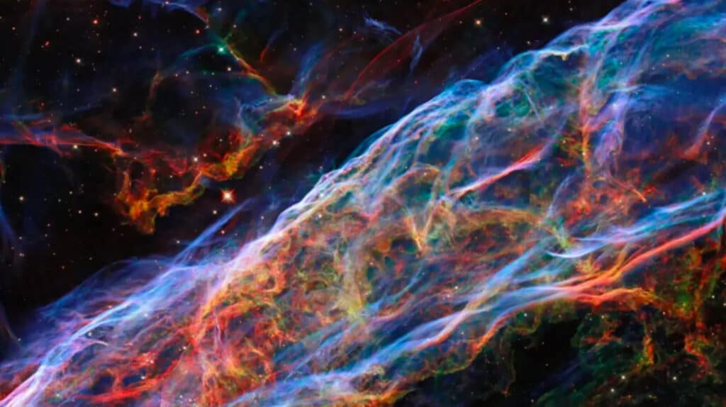 This image taken by NASA’s Hubble Space Telescope shows part of the Veil Nebula or Cygnus Loop