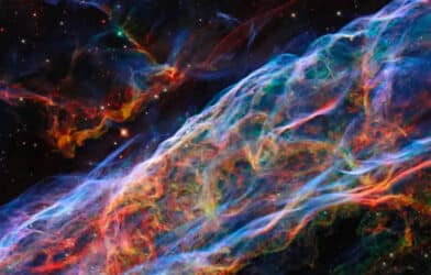 This image taken by NASA’s Hubble Space Telescope shows part of the Veil Nebula or Cygnus Loop
