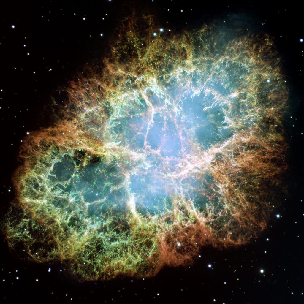 Earth is located about 6,500 light-years or about 2,000 parsecs from the Crab Nebula - the remnant of a supernova