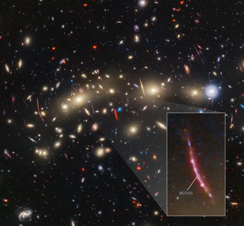 This image of galaxy cluster MACS0416 highlights one particular gravitationally lensed background galaxy, which existed about 3 billion years after the big bang. 