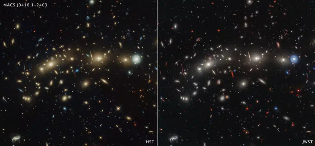 This side-by-side comparison of galaxy cluster MACS0416 as seen by the Hubble Space Telescope in optical light (left) and the James Webb Space Telescope in infrared light (right) reveals different details.