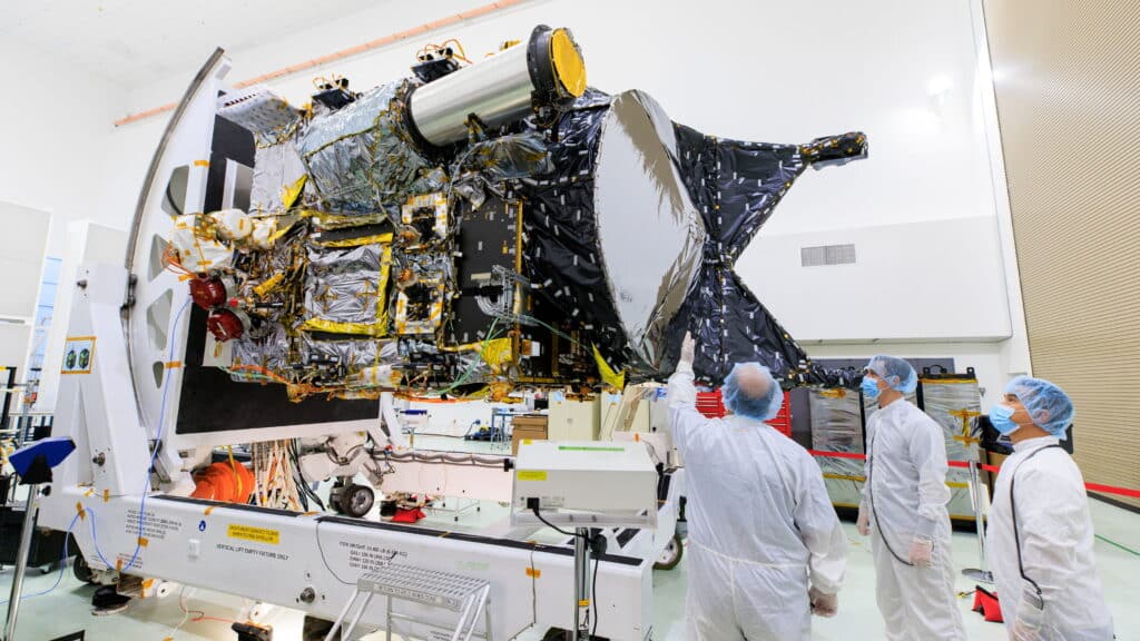 NASA's Psyche spacecraft is shown in a clean room on June 26, 2023 at the Astrotech Space Operations facility near the agency's Kennedy Space Center in Florida.