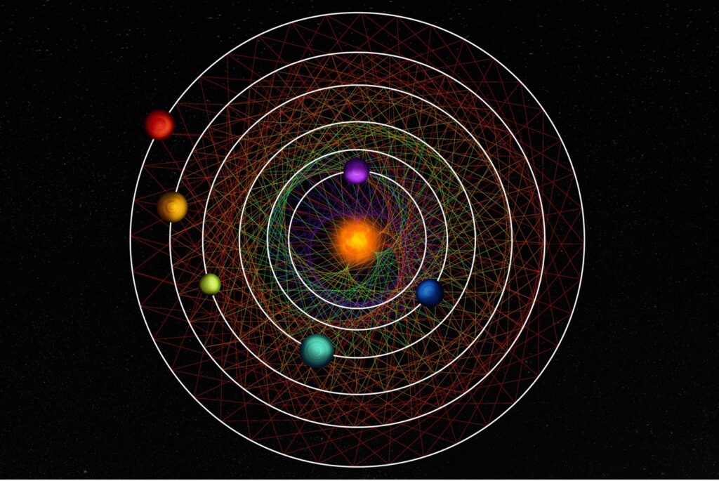 An artist’s illustration of the six newly discovered planets circling their star in resonance.