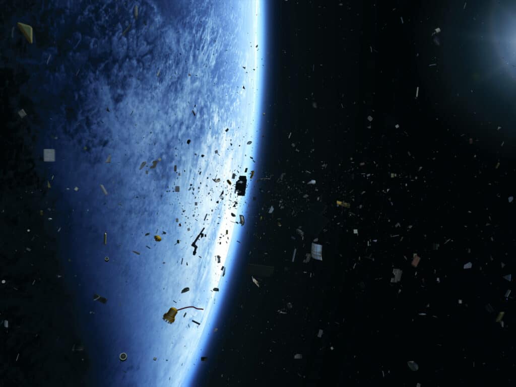 Illustration depicting space debris orbiting Earth.