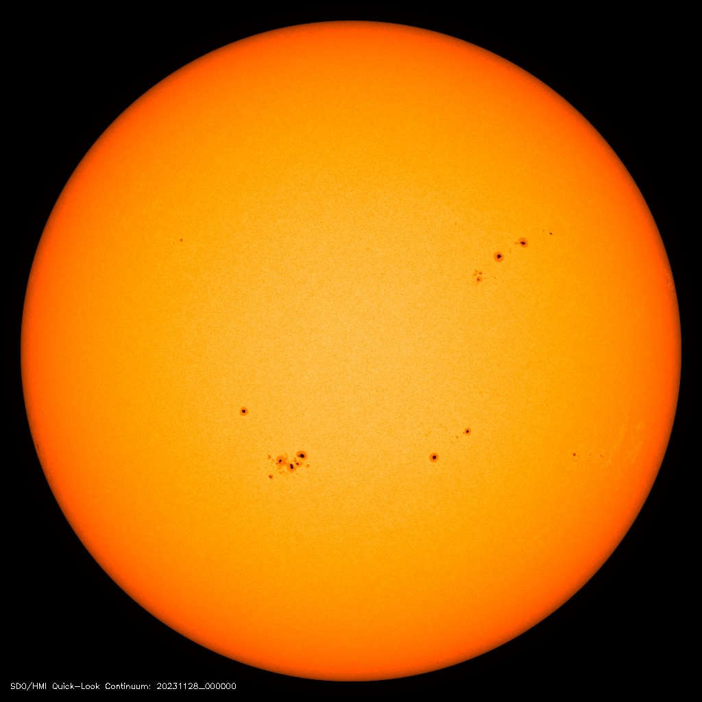 Image from the Solar Dynamics Observatory mission of the solar disk with multiple sunspots