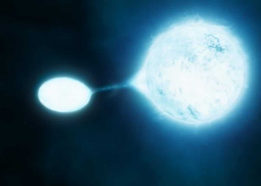Artist’s impression of a vampire star (left) stealing material from its victim: New research using data from ESO’s Very Large Telescope has revealed that the hottest and brightest stars, which are known as O stars, are often found in close pairs