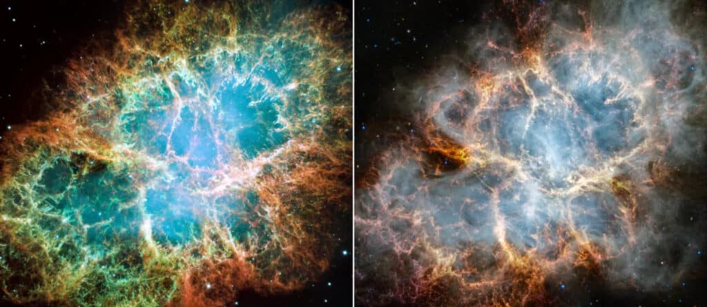 This side-by-side comparison of the Crab Nebula as seen by the Hubble Space Telescope in optical light (left) and the James Webb Space Telescope in infrared light (right) reveals different details