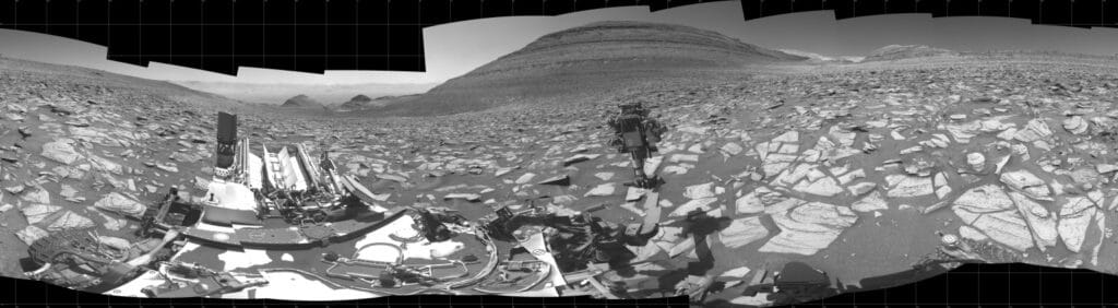 NASA’s Curiosity Mars rover captured this 360-degree panorama using its black-and-white navigation cameras, or Navcams, at a location where it collected a sample from a rock nicknamed “Sequoia.”