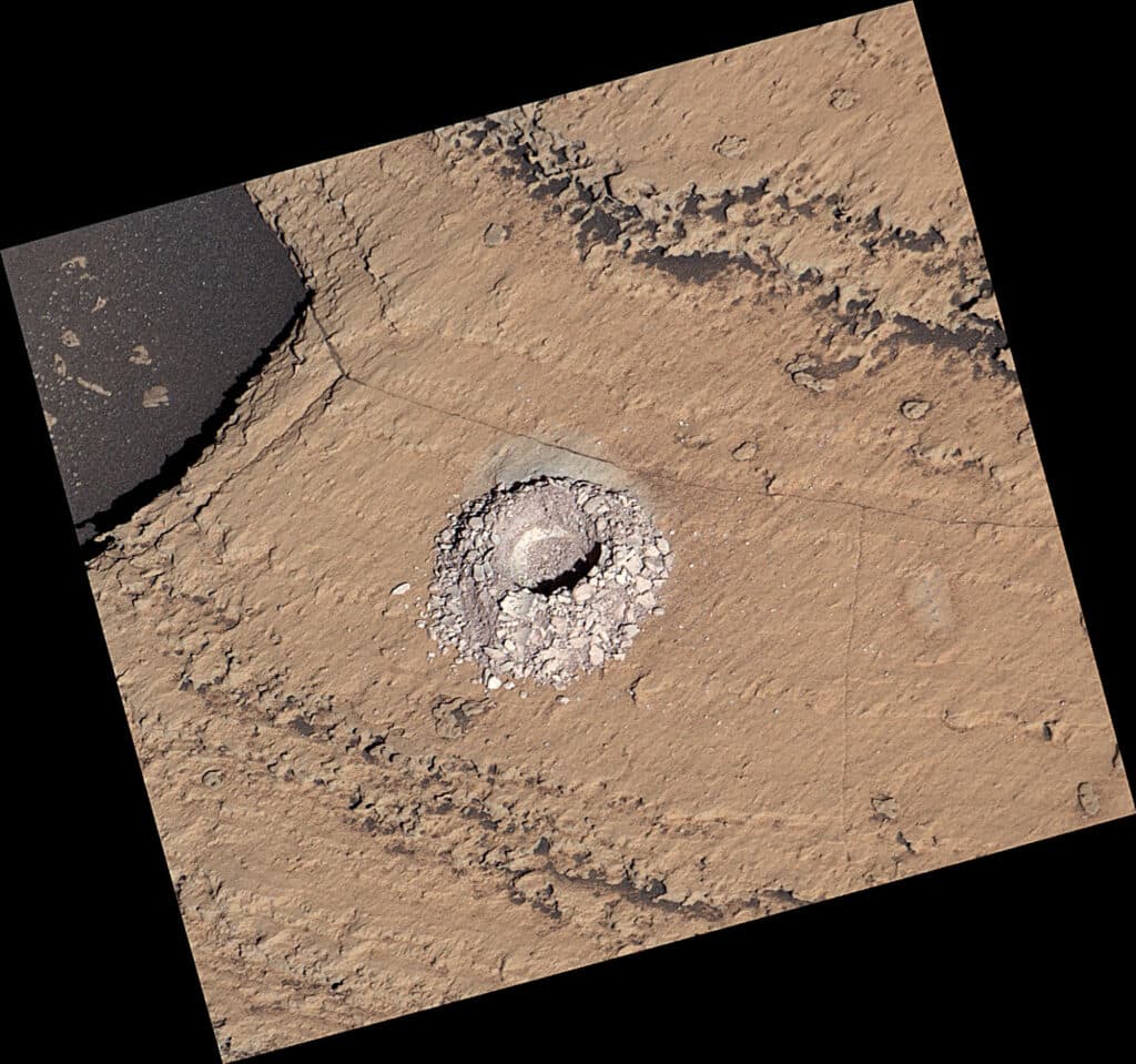 NASA’s Curiosity Mars rover used the drill on the end of its robotic arm to collect a sample from a rock nicknamed “Sequoia” on Oct. 17, 2023, the 3,980th Martian day, or sol, of the mission
