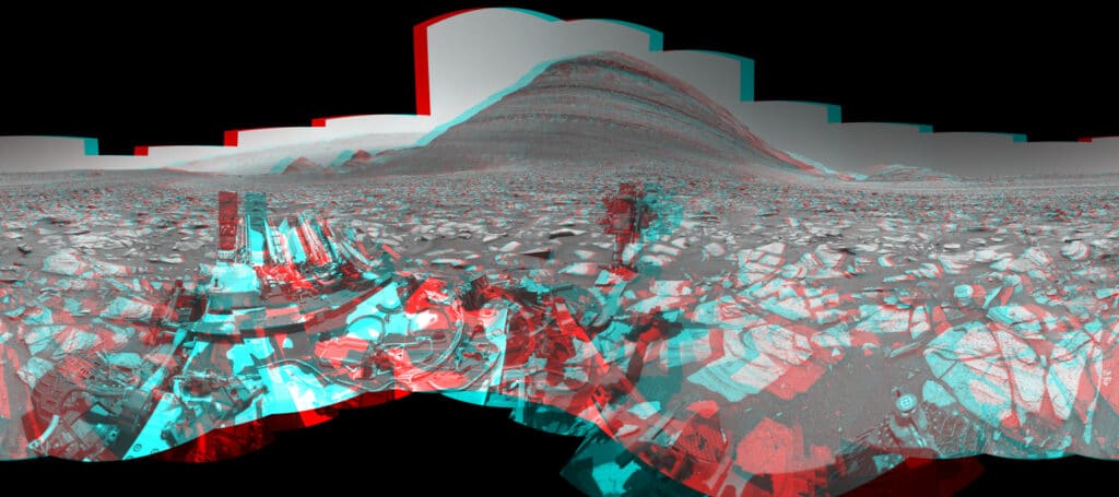 This anaglyph version of Curiosity’s panorama taken at “Sequoia” can be viewed in 3D using red-blue glasses