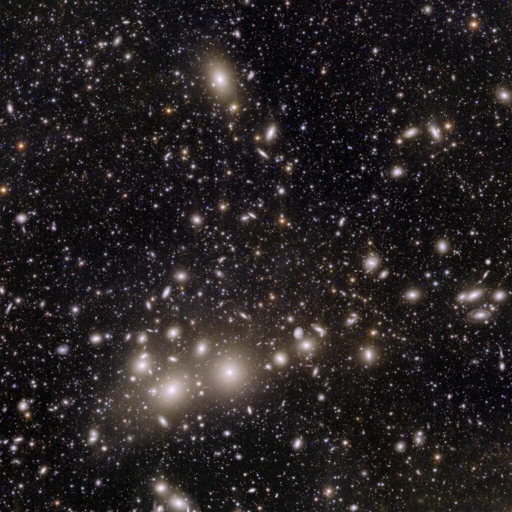 One of the first images captured by Euclid shows the Perseus cluster, a group of thousands of galaxies located 240 million light-years from Earth
