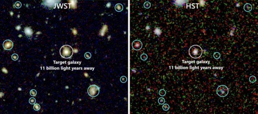 Target galaxy seen by James Webb Space Telescope (left) and Hubble Space Telescope (right).