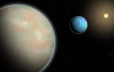 An illustration of two water-rich exoplanets with hazy atmospheres