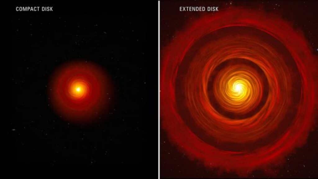 This artist’s concept compares two types of typical, planet-forming disks around newborn, sun-like stars