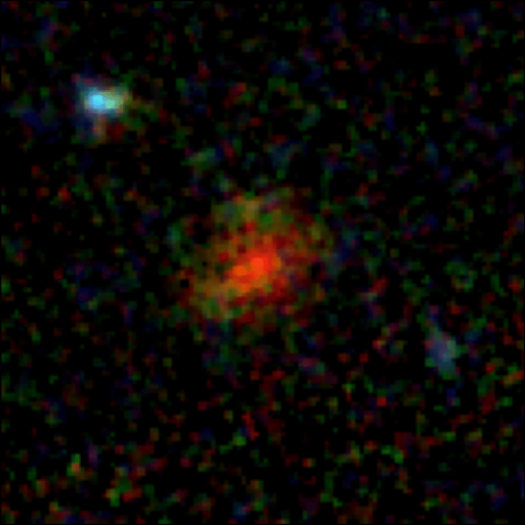 Color composite of galaxy AzTECC71 from multiple color filters in the NIRCam instrument on the James Webb Space Telescope.