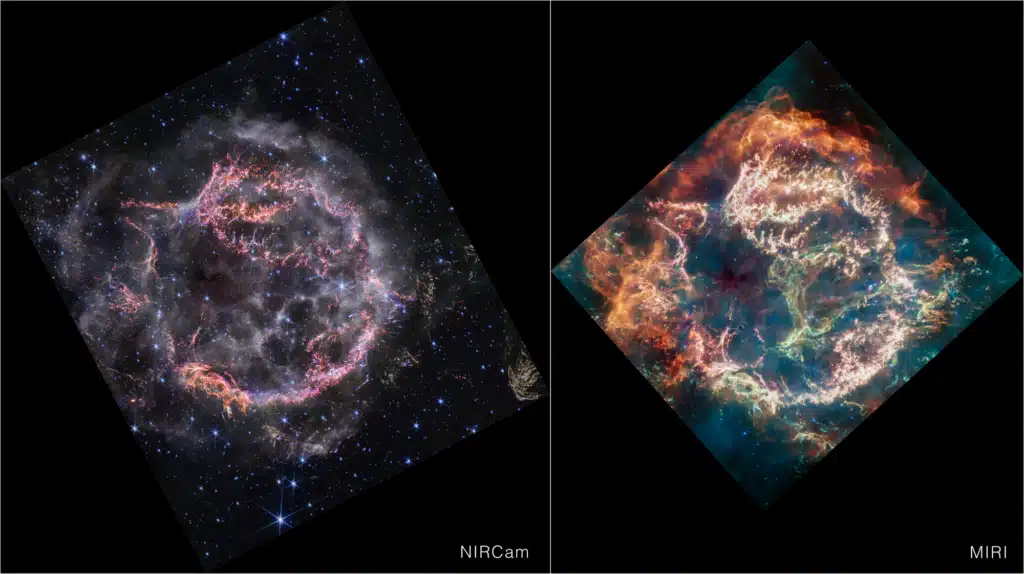 This image provides a side-by-side comparison of supernova remnant Cassiopeia A (Cas A) as captured by NASA’s James Webb Space Telescope’s NIRCam (Near-Infrared Camera) and MIRI (Mid-Infrared Instrument).