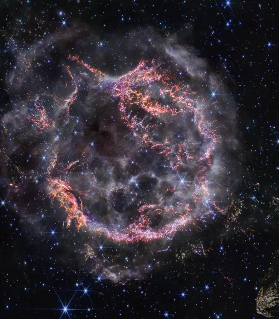 NASA’s James Webb Space Telescope’s new view of Cassiopeia A (Cas A) in near-infrared light is giving astronomers hints at the dynamical processes occurring within the supernova remnant.