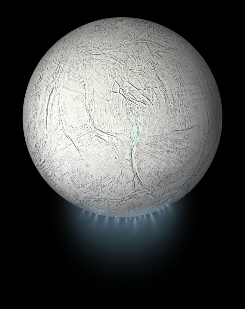 This artistic rendering shows ice plumes being ejected from Enceladus at speeds of up to 800 miles/hour.