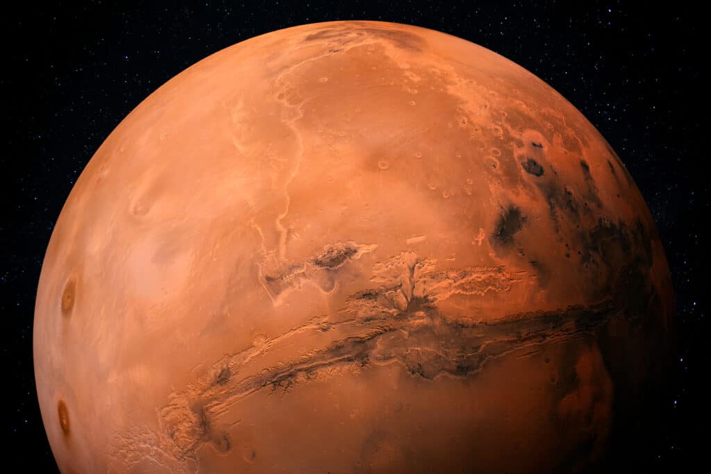 Computer-generated image of Mars, using elements furnished by NASA.