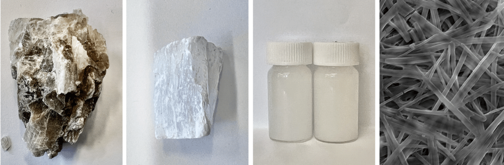Two raw rocks used by the researchers (left). Vials show the nanobelts in water, with a close up of the actual nanobelts (right).