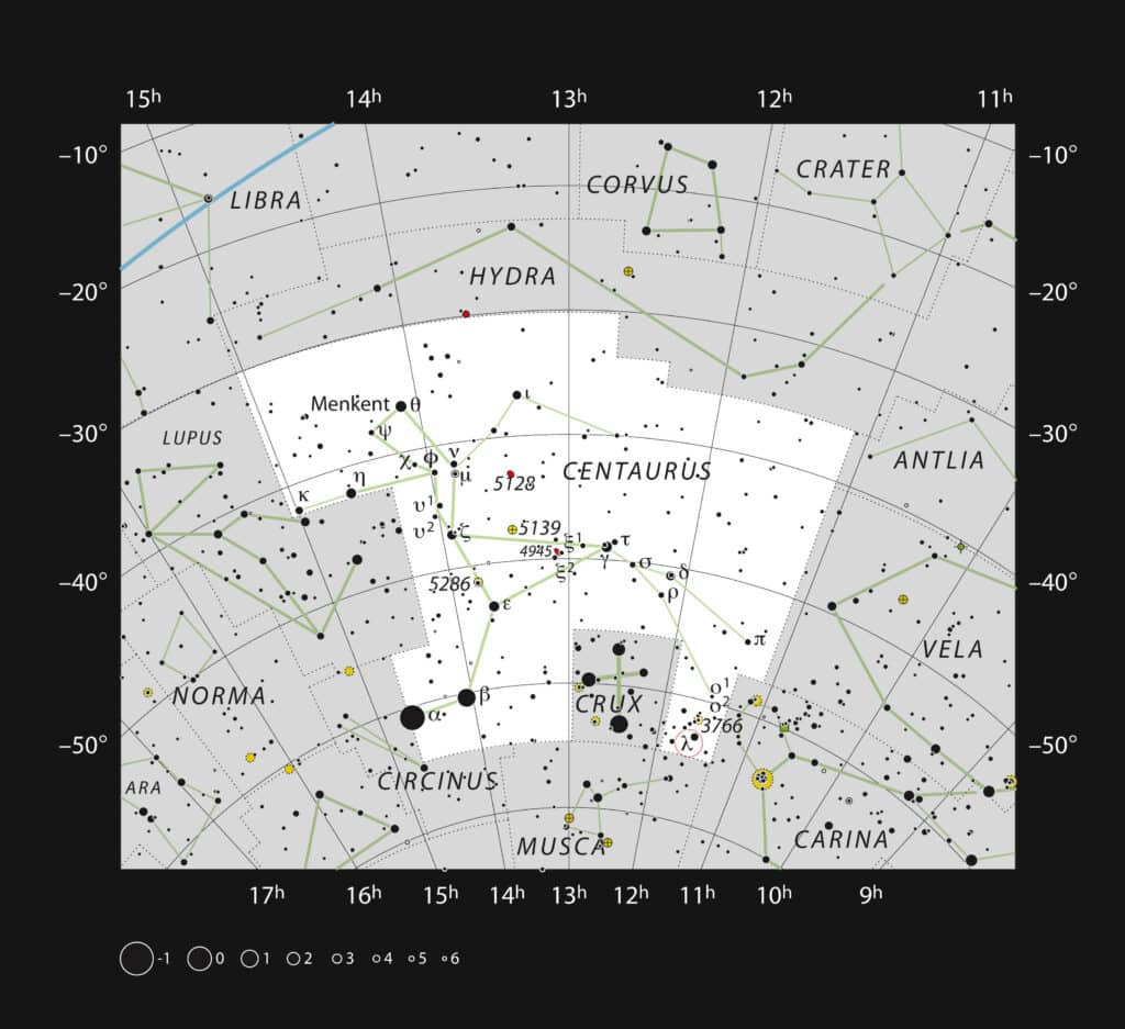 This chart shows the location of the Running Chicken Nebula (IC2944) in the large southern constellation of Centaurus