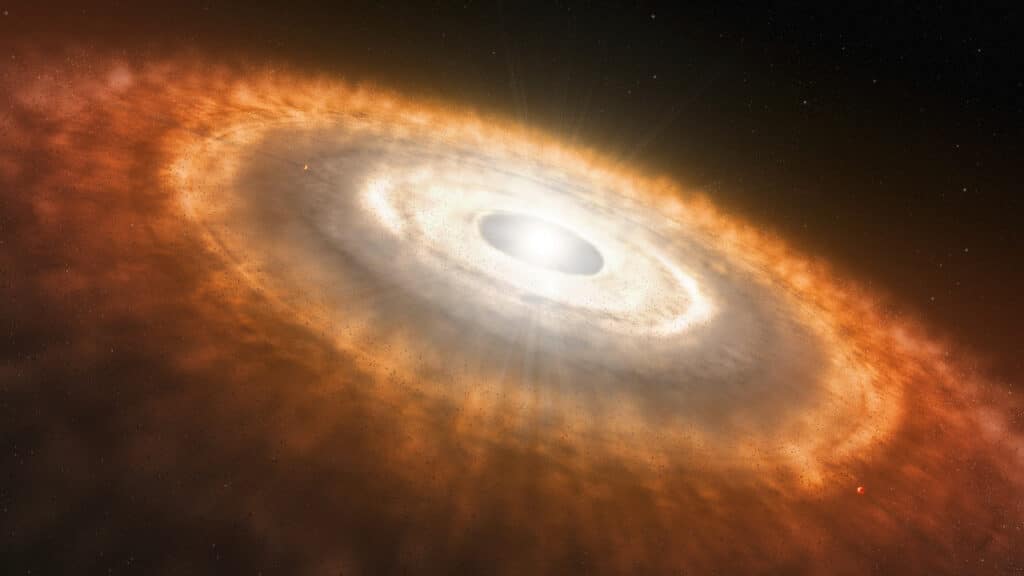 This is an artist’s impression of a young star surrounded by a protoplanetary disk in which planets are forming