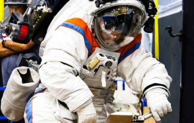 The AxEMU spacesuit seen being showcased in a picture released by Axiom Space