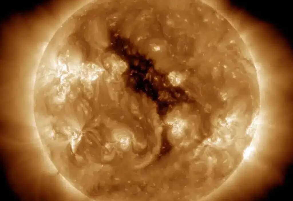 This image of a coronal hole on the sun bears a remarkable resemblance to the 'Sesame Street' character Big Bird. Coronal holes are regions where the sun's corona is dark. These features were discovered when X-ray telescopes were first flown above the Earth's atmosphere to reveal the structure of the corona across the solar disc.