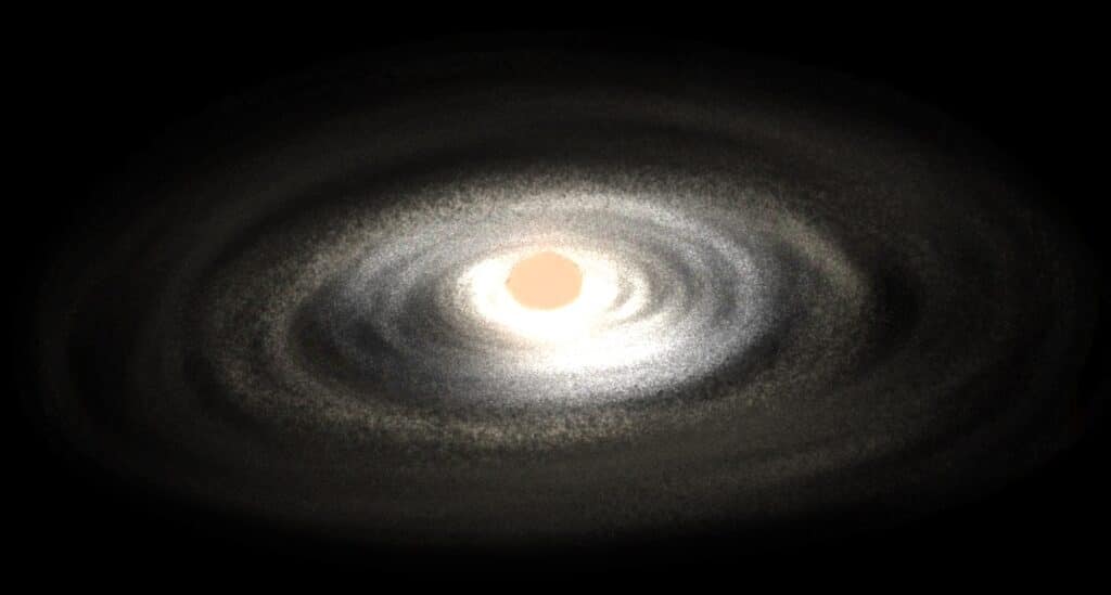 Artist's impression of an eruption in the disc of matter around a newborn star