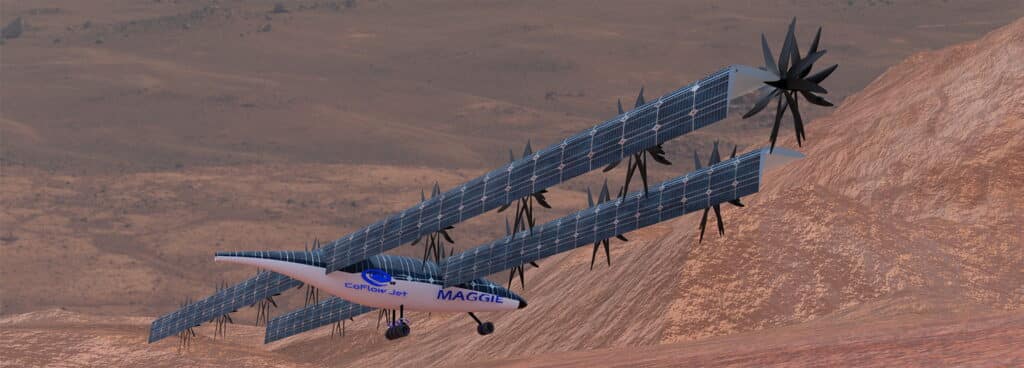 Artist impression of MAGGIE (Mars Aerial and Ground Global Intelligent Explorer) aircraft flying over Mars.