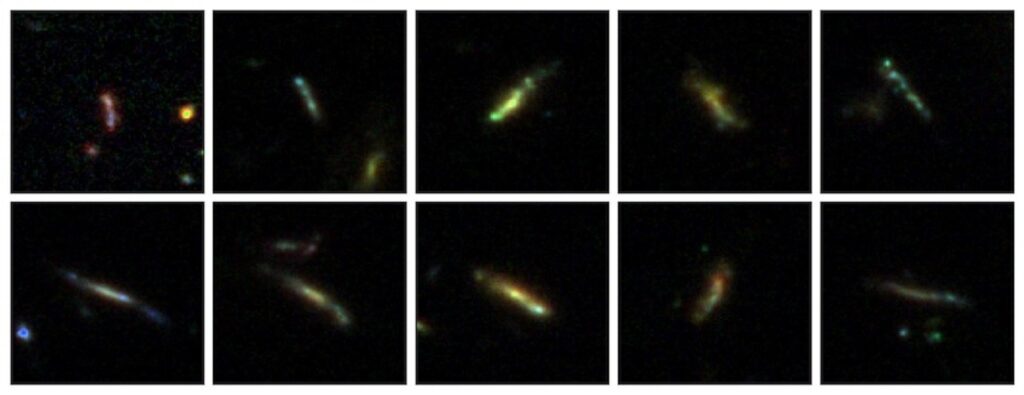 Images of what researchers believe are elongated, ellipsoid (i.e. breadstick-shaped) galaxies, captured with the James Webb Space Telescope