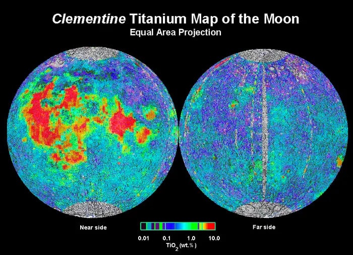 Image shows a map of the Titanium abundances of the Moon’s surface, obtained from NASA’s Clementine spacecraft