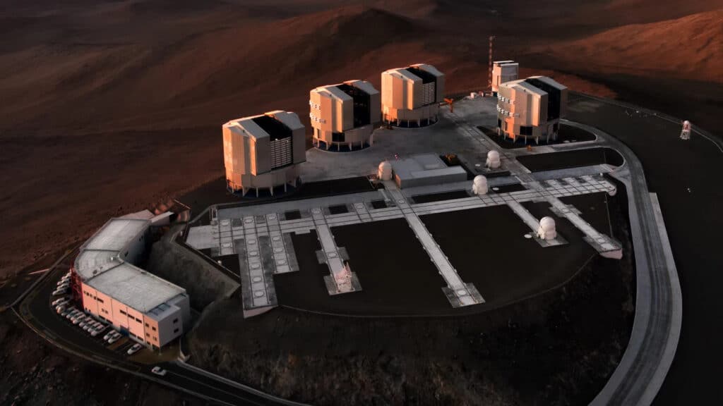 Aerial view of the ESO Very Large Telescope (VLT) on top of Cerro Paranal in the Atacama Desert in Chile
