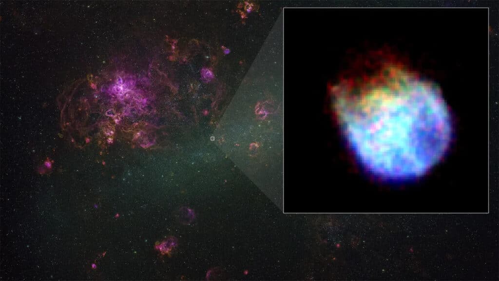 Supernova remnant N132D lies in the central portion of the Large Magellanic Cloud, a dwarf galaxy about 160,000 light-years away. XRISM’s Xtend captured the remnant in X-rays, displayed in the inse