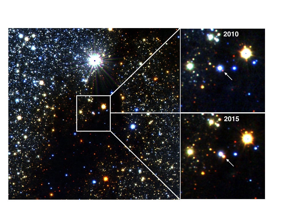 Buried deep inside the dark cloud of gas and dust that fills the picture, this star gradually brightened 40-fold over the course of two years and has remained bright since 2015