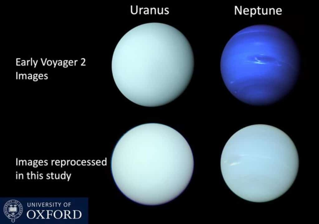 Voyager 2/ISS images of Uranus and Neptune released shortly after the Voyager 2 flybys in 1986 and 1989, respectively, compared with a reprocessing of the individual filter images in this study to determine the best estimate of the true colors of these planets