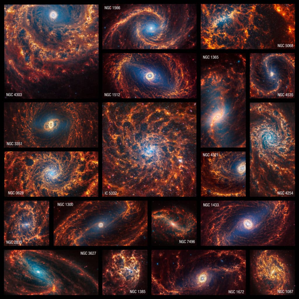The James Webb Space Telescope observed 19 nearby face-on spiral galaxies in near- and mid-infrared light as part of its contributions to the Physics at High Angular resolution in Nearby GalaxieS (PHANGS) program