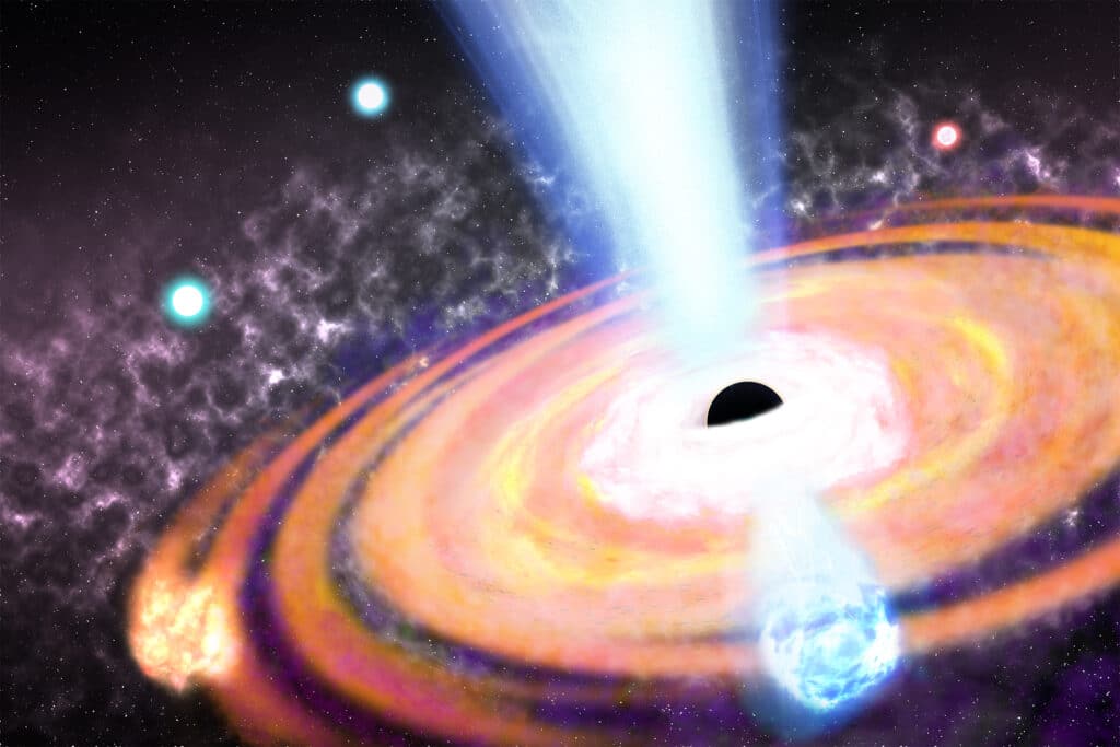 An illustration of a magnetic field generated by a supermassive black hole in the early universe, showing turbulent plasma outflows that help turn nearby gas clouds into stars