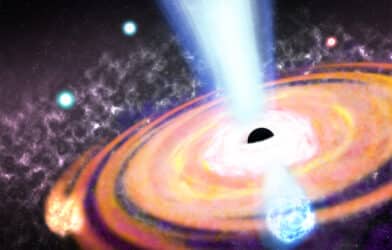 An illustration of a magnetic field generated by a supermassive black hole in the early universe, showing turbulent plasma outflows that help turn nearby gas clouds into stars