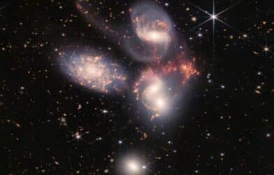 A composite of Stephan’s Quintet, a visual grouping of five galaxies, constructed from almost 1,000 separate image files from the James Webb Space Telescope