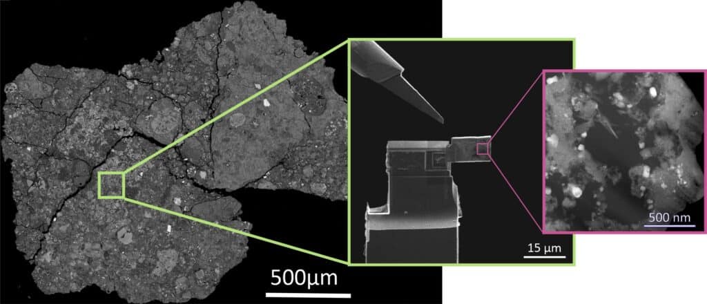 Using a nanomanipulator and an ultra-fine ion beam, a tiny lamella, about five by ten micrometers in size and only one hundred nanometres thin, is cut out of the meteorite and attached to a sample bar