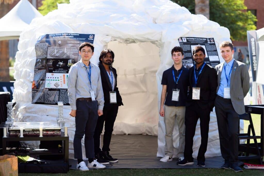 UArizona aerospace engineering students, from left: Min Seok Kang, Athip Thirupathi Raj, Chad Jordan Cantin, Sivaperuman Muniyasamy and Korbin Aydin Hansen display a smart sandbag structure