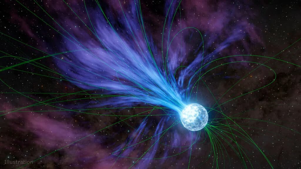 In an ejection that would have caused its rotation to slow, a magnetar is depicted losing material into space in this artist’s concept