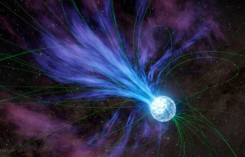 In an ejection that would have caused its rotation to slow, a magnetar is depicted losing material into space in this artist’s concept