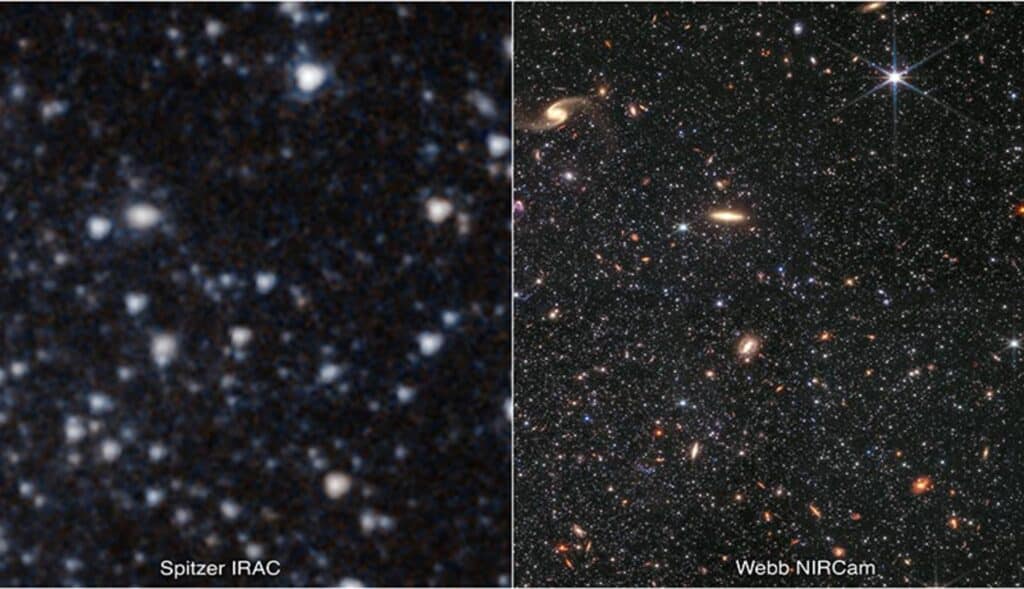 Two views of a portion of the WLM galaxy, one taken by NASA's Hubble Space Telescope (left), the second by its James Webb Space Telescope