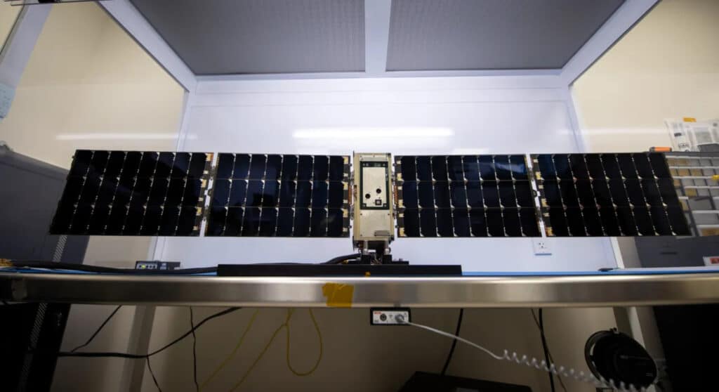 The BurstCube satellite sits in its flight configuration in this photo taken in the Goddard CubeSat Lab in 2023