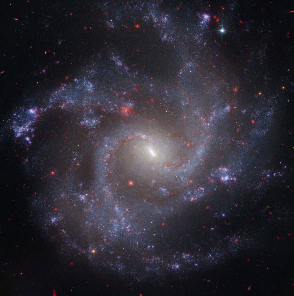 This image of NGC 5468, a galaxy located about 130 million light-years from Earth, combines data from the Hubble and James Webb space telescopes