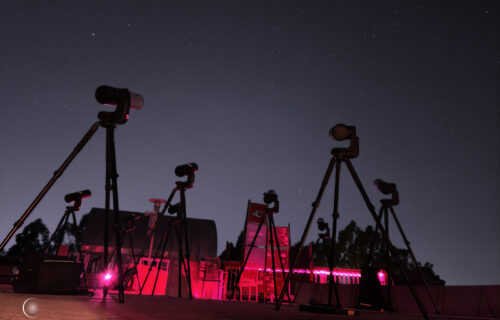 The array of 9 Unistellar eVscopes tracking the exoplanet target, TIC 139270665 b at the Chabot Space & Science Center in February 2023