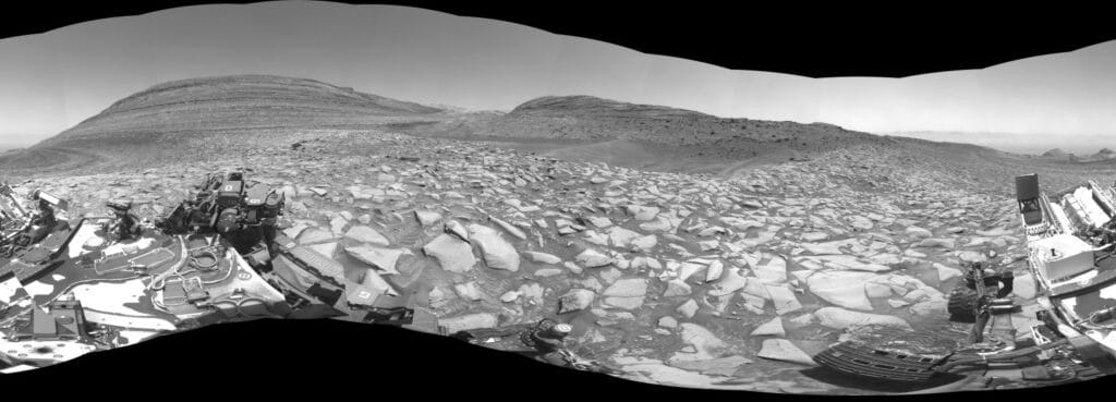 After arriving at Gediz Vallis channel, NASA’s Curiosity Mars rover captured this 360-degree panorama using one of its black-and-white navigation cameras on Feb. 3.