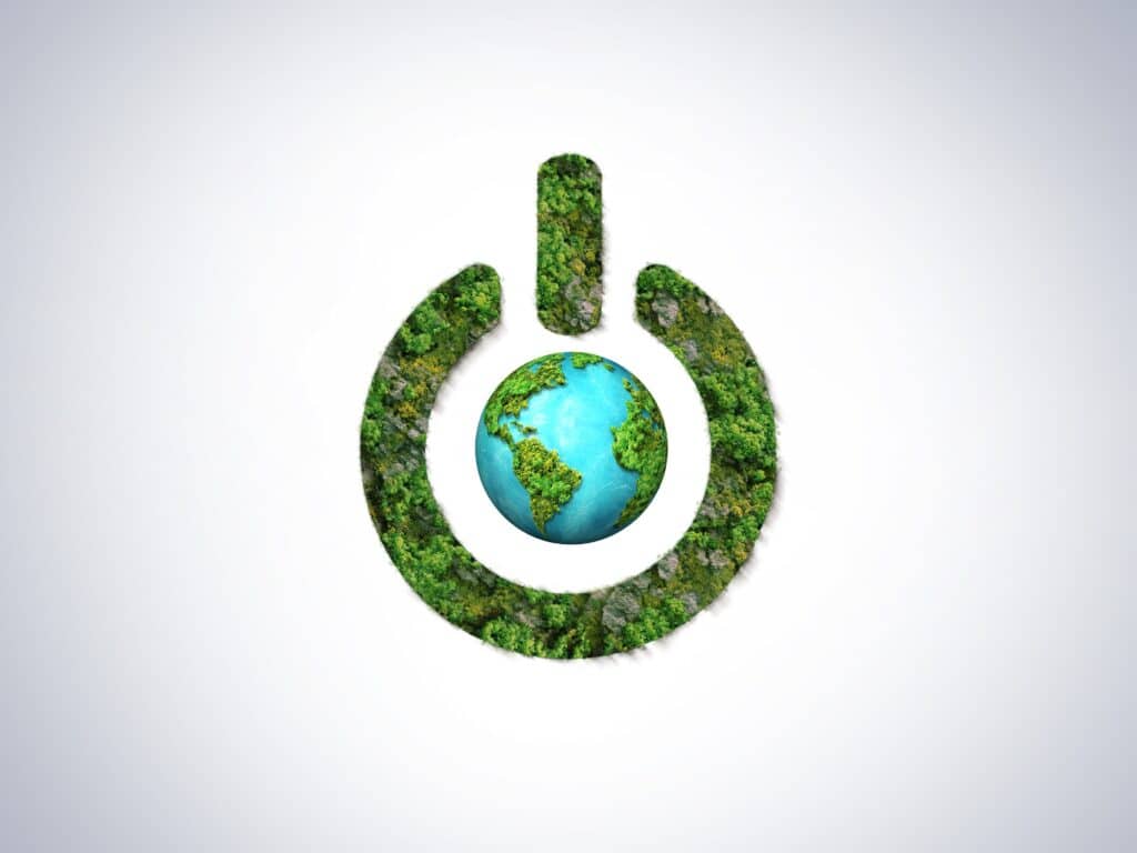 Life on Earth origins concept: Power button with Earth in the middle
